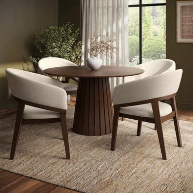Round Walnut Dining Table Set with 4 Beige Upholstered Chairs - Seats 4 - Owen