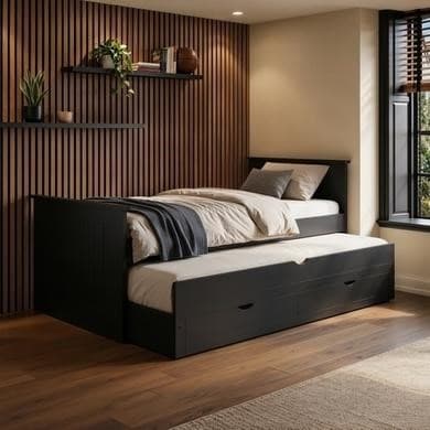 Single Black Wooden Guest Bed with Storage and Trundle - Sander