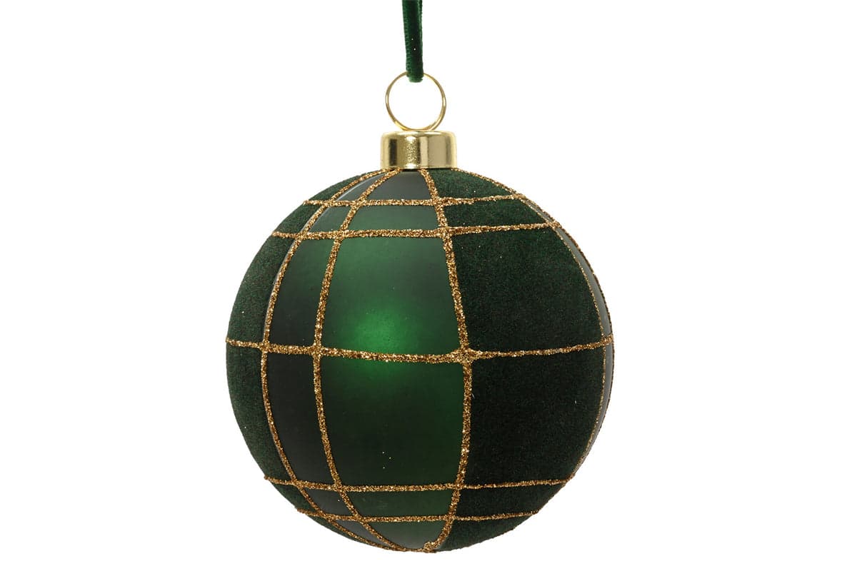 Matte Velvet Check Bauble | Pine Green | 8 cm