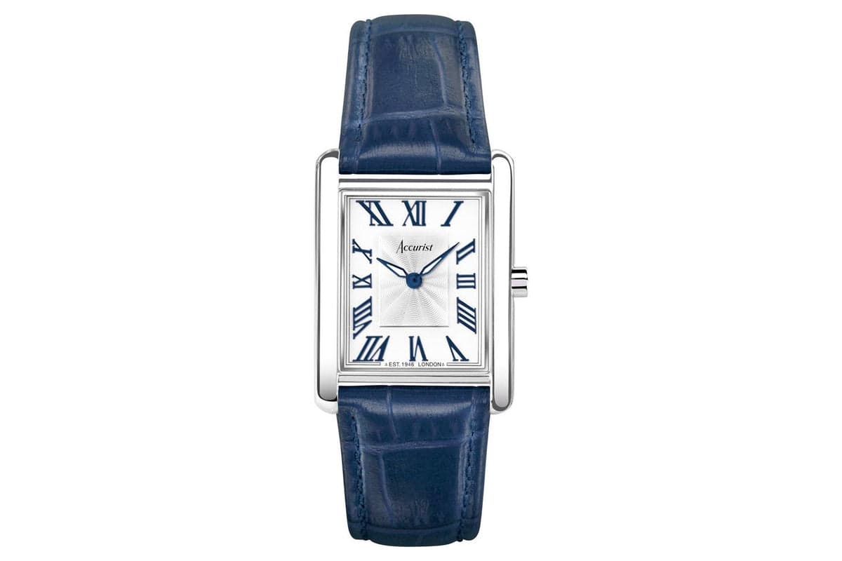 Accurist Rectangle Ladies Watch | Silver Case & Blue Leather Strap With White Dial | 26mm