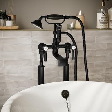 Black Freestanding Bath Shower Mixer Tap with Stand Pipes - Helston