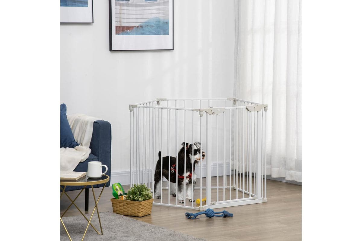 PawHut D06-100WT 5-Panel Pet Playpen with Walk Through Door Automatically Close Lock | White